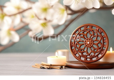 Intricately carved golden Dharma Wheel on an altar surrounded by incense and candles in a tranquil Buddhist setting Intricately carved golden Dharma Wheel on an altar surrounded by incense and candles in a tranquil Buddhist setting 134816455
