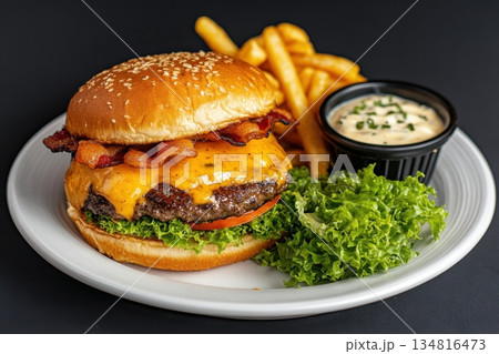 Mouthwatering gourmet cheeseburger with melted cheese, crispy bacon, and fresh lettuce served with fries and dipping sauce on a white plate 134816473