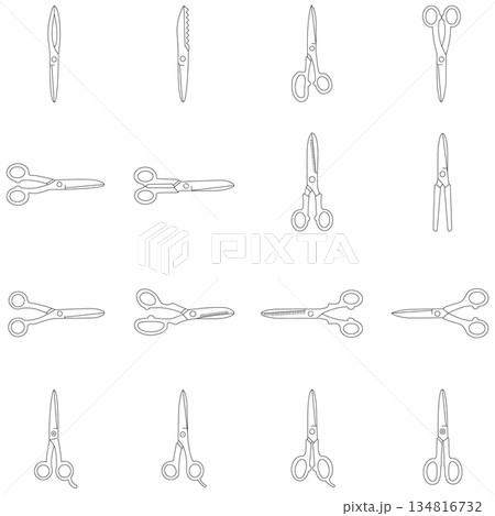 A minimalist line art illustration displaying a grid of 16 different types of scissors and shears. A minimalist line art illustration displaying a grid of 16 different types of scissors and shears. 134816732