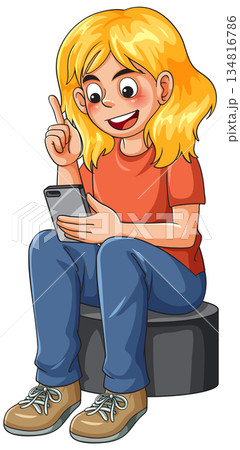 Smiling Girl Sitting and Using Smartphone Illustration Smiling Girl Sitting and Using Smartphone Illustration 134816786