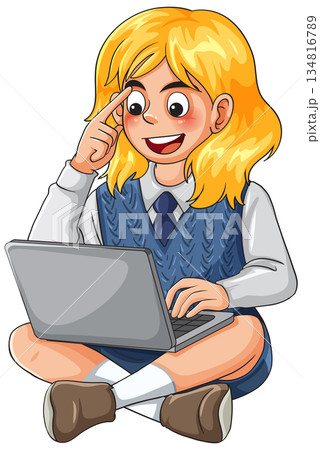 Smiling Schoolgirl Sitting Cross Legged Using Laptop Smiling Schoolgirl Sitting Cross Legged Using Laptop 134816789