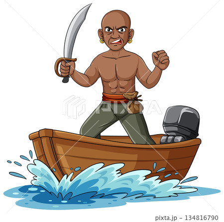 Angry Pirate Holding Sword Standing in Wooden Boat 134816790