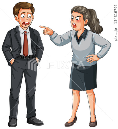 Angry Female Manager Scolding Worried Male Employee Illustration 134816792