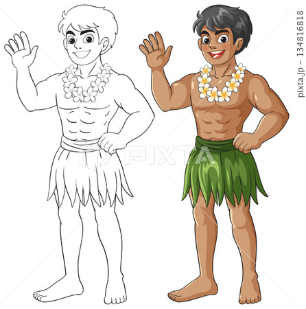 Smiling Hawaiian Boy in Grass Skirt Waving Hand Smiling Hawaiian Boy in Grass Skirt Waving Hand 134816818