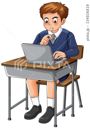 Surprised Schoolboy Using Laptop at Classroom Desk 134816819