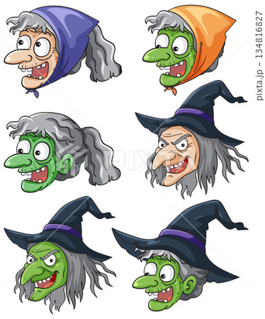 Cartoon Witch Faces with Hats and Headscarves Collection 134816827
