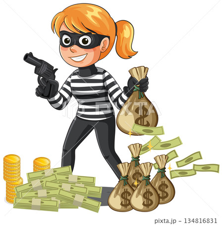Cartoon Female Burglar Holding Money Bags and Toy Gun Cartoon Female Burglar Holding Money Bags and Toy Gun 134816831