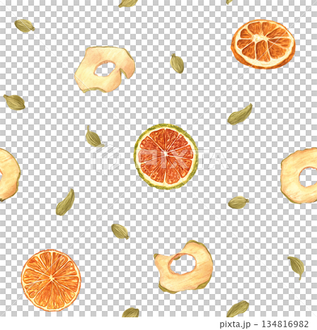 Dried fruit slices and cardamom pods watercolor isolated seamless pattern. Raw sweeet apple chips, round orange slice and seasoning seeds illustration. Natural ingredients for mulled wine decor. 134816982