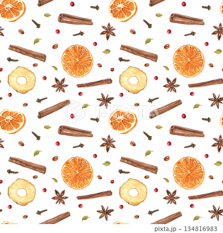 Aromatic cinnamon sticks, anise stars, cloves, apple and orange slices watercolor isolated seamless pattern. Spices and dried fruit pieces for winter drinks ornate for winter holiday packaging. 134816983