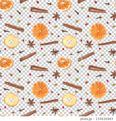 Aromatic cinnamon sticks, anise stars, cloves, apple and orange slices watercolor isolated seamless pattern. Spices and dried fruit pieces for winter drinks ornate for winter holiday packaging. 134816983