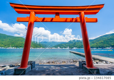 諸口神社　鳥居と駿河湾と富士山　「沼津市戸田」 134817085