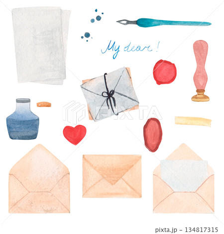 Writing supplies set letter for decorative design. feather quill and inkwell, envelopes, wax seal. Hand drawn watercolor illustration of elements isolated Writing supplies set letter for decorative design. feather quill and inkwell, envelopes, wax seal. Hand drawn watercolor illustration of elements isolated 134817315