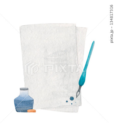 Watercolor isolated set of envelope with wax stamp, letters, sheet of paper and . Other elements for lettering and post. Clipart set isolated on a white background 134817316