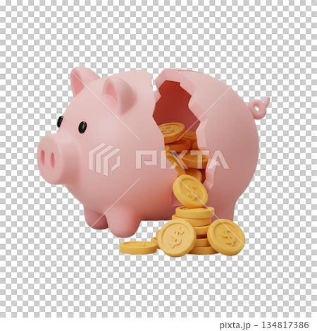 3d broken ceramic piggy bank with a crack and a cascade of gold coins spilling out, symbolizing savings, investment, and sudden financial gain 134817386