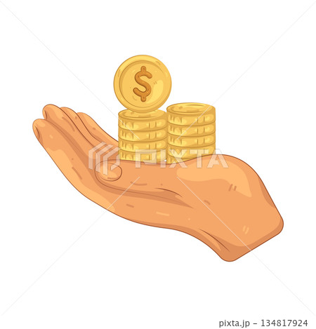 Illustration of hand holding stacked coins  134817924