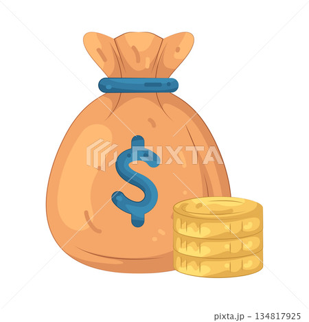 Illustration of money bag and coin stacks  134817925