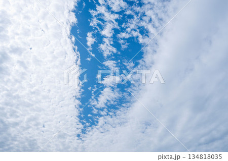 秋の空　雲の隙間の川のような青空を見上げる132 134818035