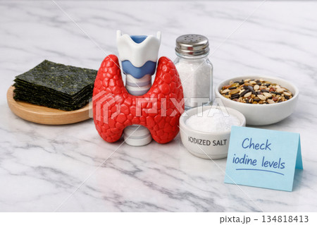 Anatomical thyroid gland model with iodine sources like iodized salt and seaweed. crisp medical health and wellness concept about nutrition and checking hormone levels 134818413