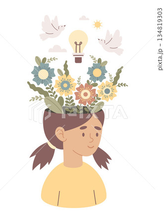 Mental Health Girl Child Harmony. Young Female with Blooming Flowers Lightbulb and White Dove Birds. Concept Peace Mindfulness and Psychological Wellness. Vector Illustration Not AI Mental Health Girl Child Harmony. Young Female with Blooming Flowers Lightbulb and White Dove Birds. Concept Peace Mindfulness and Psychological Wellness. Vector Illustration Not AI 134819303