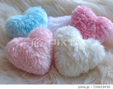 Soft Pastel Pink And Blue Fluffy Faux Fur Heart Pillows 134819430