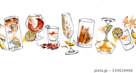 Fizzy bubbly champagne, aperol spritz, wine or whisky balloon. Flatliner shot with chili pepper, orange garnish. Watercolor and ink seamless border hand drawn for event decor or boutique packaging. Fizzy bubbly champagne, aperol spritz, wine or whisky balloon. Flatliner shot with chili pepper, orange garnish. Watercolor and ink seamless border hand drawn for event decor or boutique packaging. 134819498