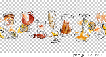 Fizzy bubbly champagne, aperol spritz, wine or whisky balloon. Flatliner shot with chili pepper, orange garnish. Watercolor and ink seamless border hand drawn for event decor or boutique packaging. Fizzy bubbly champagne, aperol spritz, wine or whisky balloon. Flatliner shot with chili pepper, orange garnish. Watercolor and ink seamless border hand drawn for event decor or boutique packaging. 134819498