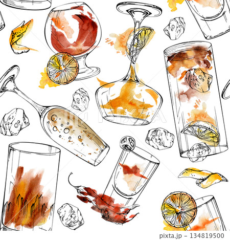 Brandy whiskey rum cognac spirits, champagne flute with bubbles, iced tea highball, orange peel. Red watercolor and ink cocktail seamless pattern hand drawn for fashion prints, paper goods, tableware. Brandy whiskey rum cognac spirits, champagne flute with bubbles, iced tea highball, orange peel. Red watercolor and ink cocktail seamless pattern hand drawn for fashion prints, paper goods, tableware. 134819500