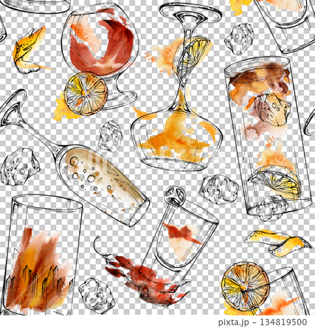 Brandy whiskey rum cognac spirits, champagne flute with bubbles, iced tea highball, orange peel. Red watercolor and ink cocktail seamless pattern hand drawn for fashion prints, paper goods, tableware. Brandy whiskey rum cognac spirits, champagne flute with bubbles, iced tea highball, orange peel. Red watercolor and ink cocktail seamless pattern hand drawn for fashion prints, paper goods, tableware. 134819500