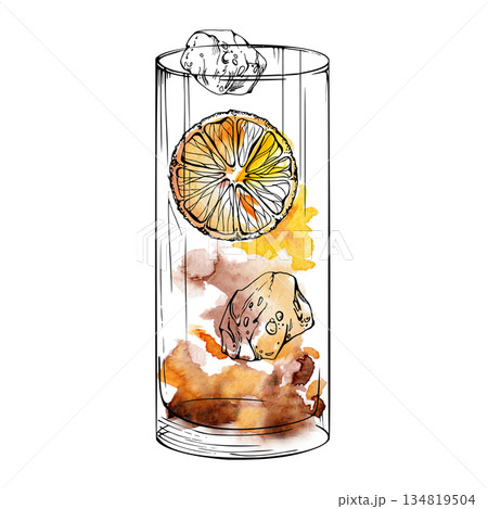 Long Island Iced Tea cocktail in tall highball collins glass, orange wheel and ice cubes garnish. Hand-drawn ink and watercolor isolated illustration for summer bar menus, wrapping, and blog decor. Long Island Iced Tea cocktail in tall highball collins glass, orange wheel and ice cubes garnish. Hand-drawn ink and watercolor isolated illustration for summer bar menus, wrapping, and blog decor. 134819504