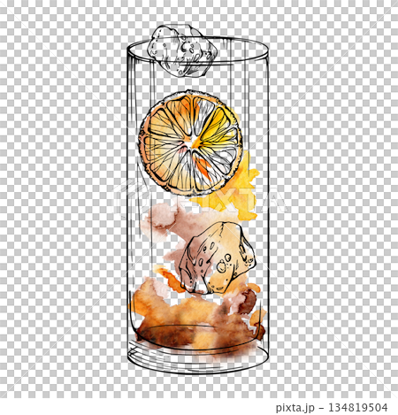 Long Island Iced Tea cocktail in tall highball collins glass, orange wheel and ice cubes garnish. Hand-drawn ink and watercolor isolated illustration for summer bar menus, wrapping, and blog decor. Long Island Iced Tea cocktail in tall highball collins glass, orange wheel and ice cubes garnish. Hand-drawn ink and watercolor isolated illustration for summer bar menus, wrapping, and blog decor. 134819504