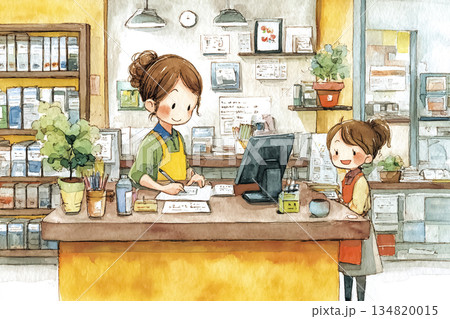 カウンターで顧客対応をする女性ショップスタッフのイラスト 134820015