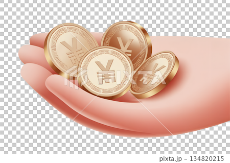 Hand holding a pile of shiny golden chinese yuan coins, symbolizing financial wealth, chinese currency, investment, and asian market concepts Hand holding a pile of shiny golden chinese yuan coins, symbolizing financial wealth, chinese currency, investment, and asian market concepts 134820215