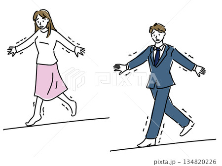 綱渡りする男性と女性のゆるい線画イラストセット 綱渡りする男性と女性のゆるい線画イラストセット 134820226