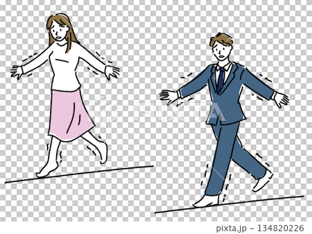 一組線條簡潔的插畫,描繪了走鋼索的男女。 一組線條簡潔的插畫,描繪了走鋼索的男女。 134820226