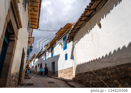 Charming Street in San Blas Neighborhood, Cusco, with Whitewashed Walls Charming Street in San Blas Neighborhood, Cusco, with Whitewashed Walls 134820306