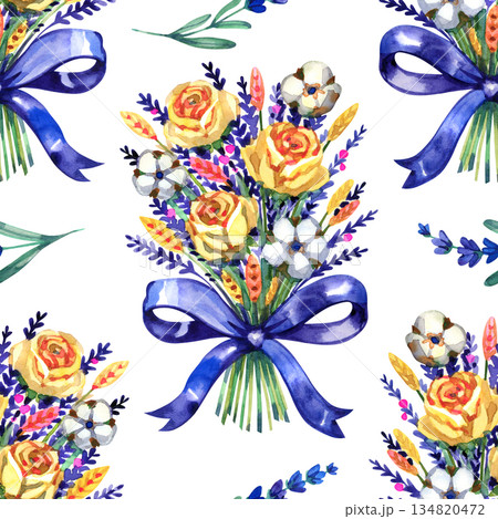 Seamless watercolor pattern featuring vibrant floral bouquets. Yellow roses, purple lavender, and cotton flowers are tied with elegant blue ribbons, creating a romantic and rustic Provencal aesthetic. 134820472
