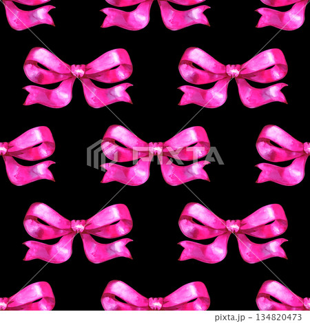 Seamless watercolor pattern with bright pink bows painted by hand. Feminine decorative repeat perfect for gift wrap, textile prints, stationery, packaging, party decor, wedding and Valentine designs. 134820473