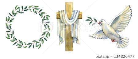 Watercolor collection of religious Easter elements. Includes a green olive branch wreath, a golden wooden cross draped with white cloth, and a white dove of peace carrying an olive sprig. 134820477