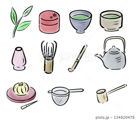 手書き水彩風の茶道具セットのイラスト素材 134820478
