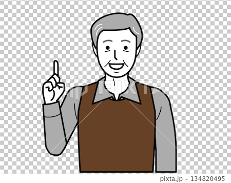 正面向き。ナンバーワンポーズをするシャツとベストを着た高齢男性。 正面向き。ナンバーワンポーズをするシャツとベストを着た高齢男性。 134820495