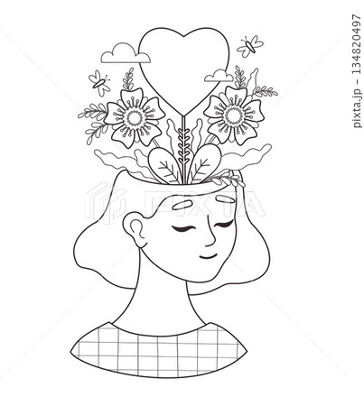 Mental Health. Outline Woman with Blooming Flowers and Large Heart. Mindfulness Self Care, Wellness and Art Therapy Activity. Line Art. Coloring Page for Adults and Kids. Vector Illustration. Not AI 134820497