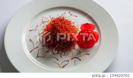 A close-up of a vibrant mound of red saffron threads arranged on a white plate A close-up of a vibrant mound of red saffron threads arranged on a white plate 134820702