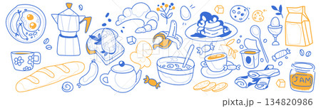 Breakfast doodle set with vintage chalk icons Breakfast doodle set with vintage chalk icons 134820986