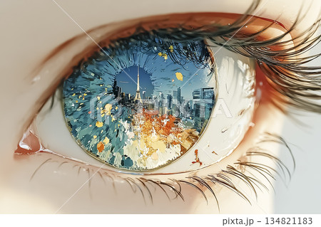 都市の未来を映し出すAIの瞳を描いたコンセプトアイキャッチイラスト 134821183