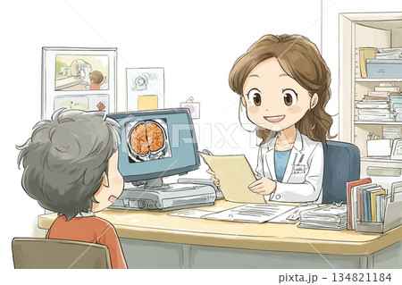MRI画像を用いて検査結果を説明する女性医師の医療イラスト MRI画像を用いて検査結果を説明する女性医師の医療イラスト 134821184