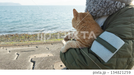 猫を抱く人 茶トラ猫 猫を抱く人 茶トラ猫 134821259
