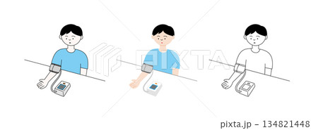 自宅で電子血圧計を使って血圧を測定する若い男性のイラスト 自宅で電子血圧計を使って血圧を測定する若い男性のイラスト 134821448