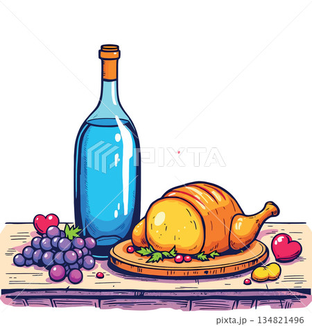 Vsai roast chicken, grapes, wine bottle, feast celebration meal Vsai roast chicken, grapes, wine bottle, feast celebration meal 134821496