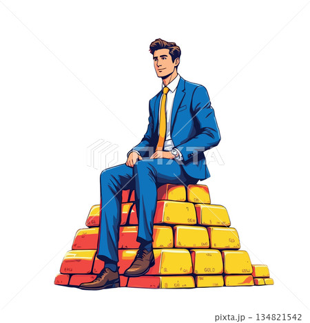 Vsai businessman sitting on a stack of gold bars Vsai businessman sitting on a stack of gold bars 134821542