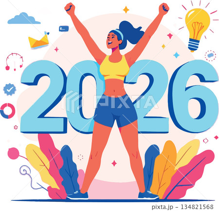 Vsai woman celebrating new year 2026 fitness goals and success 134821568